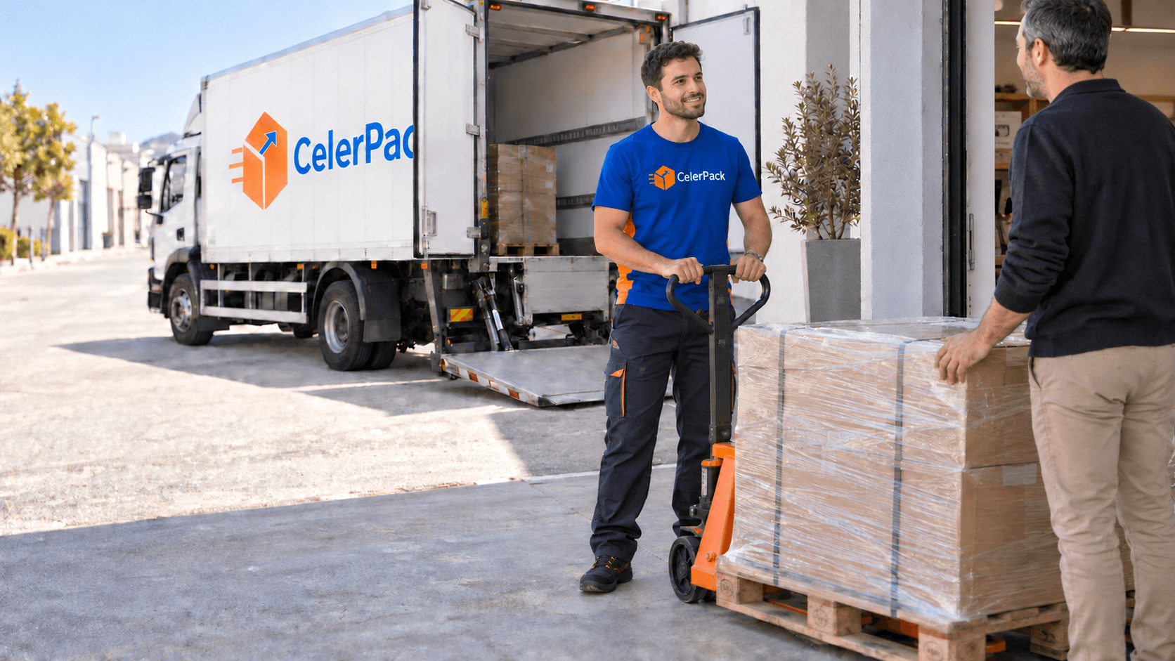 Operario de CelerPack recogiendo un palet retractilado con una transpaleta en la puerta del cliente